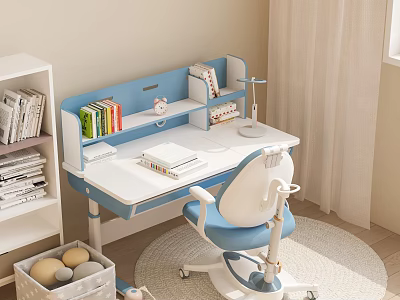 Blue and White Kids Desk Chair Set with Bookshelf and Wheeled Chair for Study Space 3d model