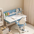 Blue and White Kids Desk Chair Set with Bookshelf and Wheeled Chair for Study Space