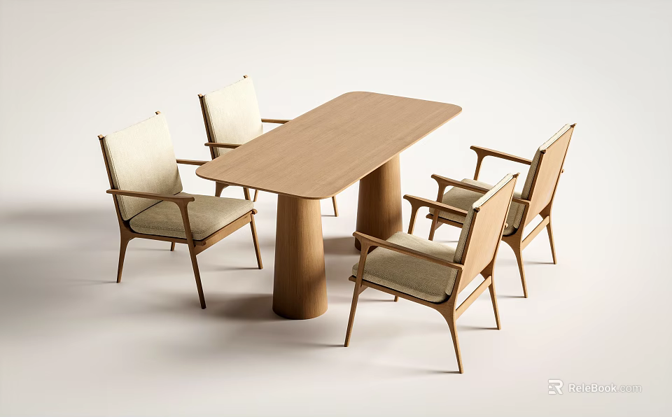 Modern Rectangular Wooden Dining Table With Four Upholstered Chairs In Minimalist Home Interior 3d model