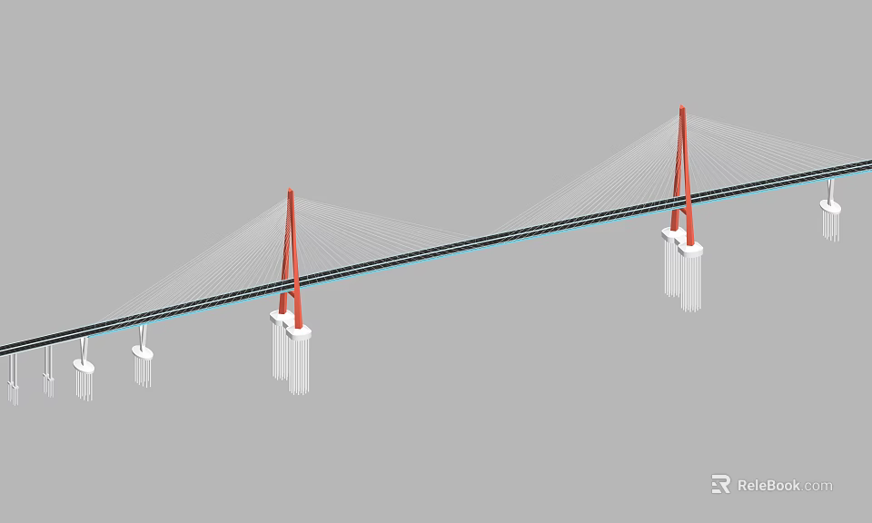 Modern Cable Stayed Bridge Structure With Red Pylons White Piers And Roadway 3d model