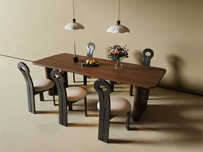 Modern Minimalist Dining Table Set With Six Chairs Pendant Lights And Floral Fruit Decor 3d model