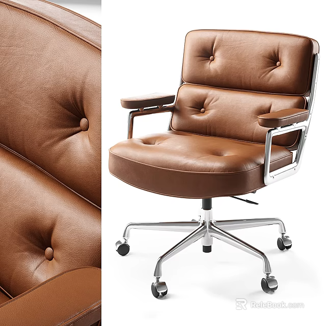 Brown Leather Button Tufted Office Chair with Metal Frame Armrests and Wheeled Base 3d model 