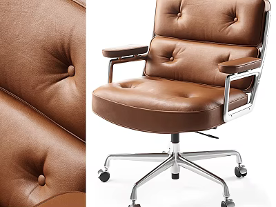 Brown Leather Button Tufted Office Chair with Metal Frame Armrests and Wheeled Base 3d model