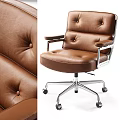 Brown Leather Button Tufted Office Chair with Metal Frame Armrests and Wheeled Base