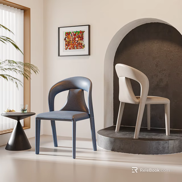 Modern Minimalist Dining Chairs In Blue And Beige With Arched Display Stand And Colorful Painting 3d model 