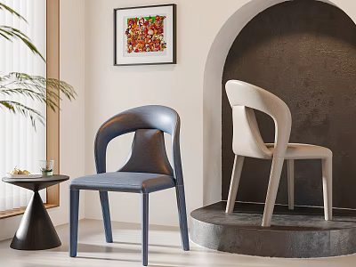 Modern Minimalist Dining Chairs In Blue And Beige With Arched Display Stand And Colorful Painting 3d model