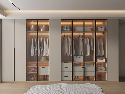 Modern Walk in Closet Interior With Glass Door Cabinets Hanging Clothes And Drawer Storage 3d model