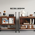 Retro Design Side Tables With Wooden Shelves Metal Frames Books Lamp And Decor