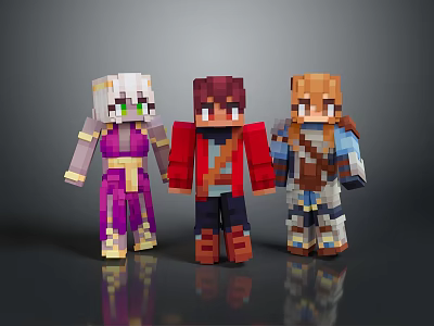 Pixel Art Game Characters Wearing Three Colorful Outfits And Unique Looks 3d model