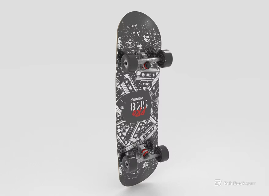 Black Skateboard Sports Equipment With White Red Graphic Design And Black Wheels 3d model 