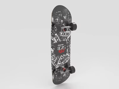 Black Skateboard Sports Equipment With White Red Graphic Design And Black Wheels 3d model