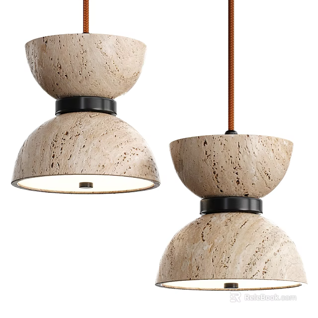 Modern Beige Marble Texture Pendant Light With Double Dome Design And Black Accent Ring 3d model 