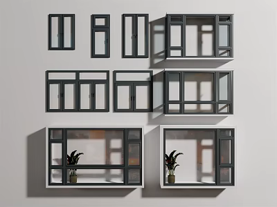 Modern Floor To Ceiling Windows Design With Black Frames And Potted Plants 3d model