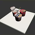 Various Cup Noodles With Open Lid And Spoon On White Platform As Everyday Household Items