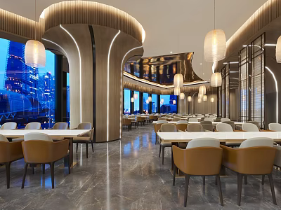 Elegant Modern Restaurant Interior With Curved Ceilings And Hanging Lamps 3d model