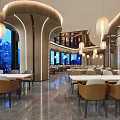 Elegant Modern Restaurant Interior With Curved Ceilings And Hanging Lamps