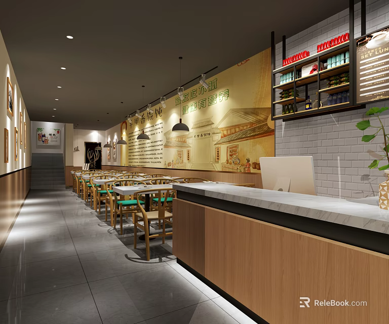 Cozy Restaurant Interior With Wooden Tables Chairs Decorative Wall Art And Counter 3d model 