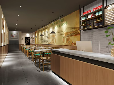 Cozy Restaurant Interior With Wooden Tables Chairs Decorative Wall Art And Counter 3d model