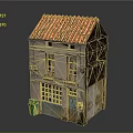 Old House Model With Red Tiled Roof Weathered Walls And Green Trash Bin