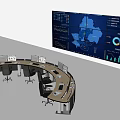 Curved Office Desk With Multiple Monitors And Large Display Showing Maps And Charts