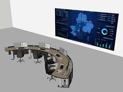 Curved Office Desk With Multiple Monitors And Large Display Showing Maps And Charts 3d model