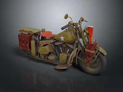 Vintage Military Green Motorcycle With White Star Red Side Cases And Classic Design Elements 3d model