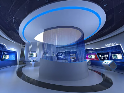 Modern Technology Exhibition Space With Circular Platform Blue Lighting And Digital Screens 3d model
