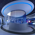 Modern Technology Exhibition Space With Circular Platform Blue Lighting And Digital Screens