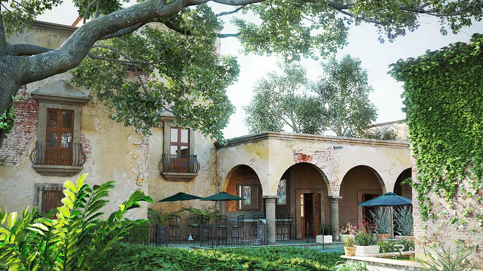 Traditional Courtyard Garden Featuring Arches Lush Greenery Trees And Outdoor Seating 3d model 