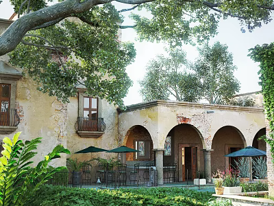 Traditional Courtyard Garden Featuring Arches Lush Greenery Trees And Outdoor Seating 3d model