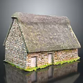 Cartoon Scene Of Traditional Stone Cottage With Thatched Roof Green Grass And Reflection