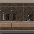 Modern Wardrobe Interior With Wooden Shelves Hanging Garments And Light Drawers