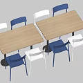 Two Rectangular Wooden Dining Tables With Blue And White Chairs Set 3d model