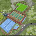 Sports Park Landscape With Football Field Basketball Courts Tennis Court Playground And Green Trees