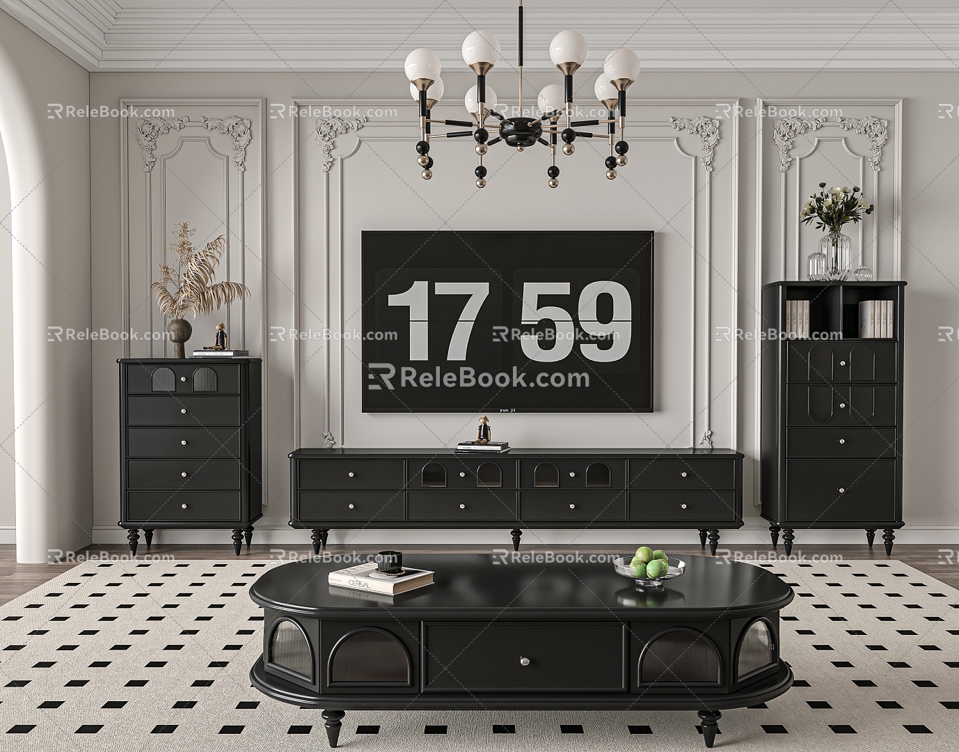 French Retro Living Room TV Cabinet Coffee Table Combination 3d model