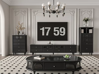 Elegant Black TV Stand With Matching Cabinets White Decorative Walls And Chandelier 3d model