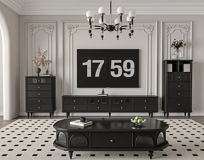 Elegant Black TV Stand With Matching Cabinets White Decorative Walls And Chandelier 3d model
