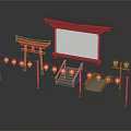 Traditional Japanese Decorative Scene With Red Torii Gates White Screen Stone Stairs And Lanterns