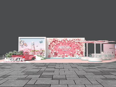 Nescafe MissCafe Exhibition Booth With Pink Floral Wall Red Car And Green Plants 3d model