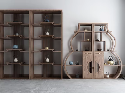 Traditional Chinese Wooden Decorative Cabinets With Multi tiered And Gourd shaped Design And Tea Sets 3d model