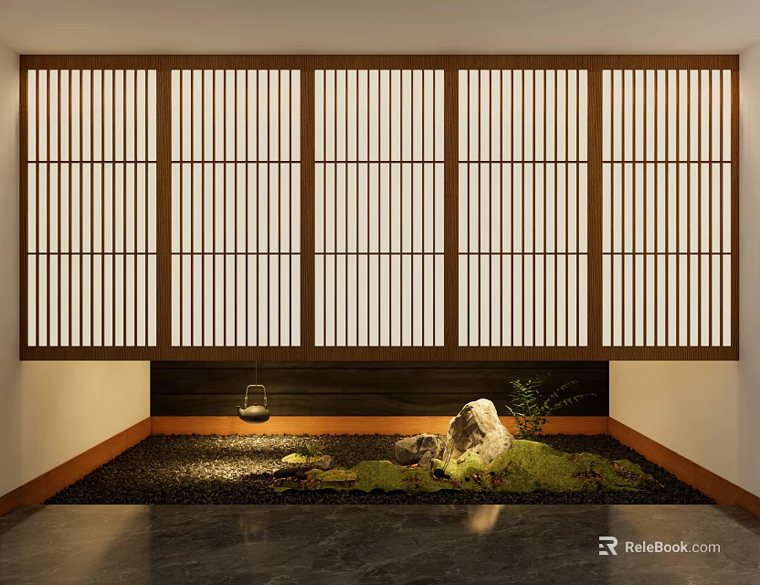 Japanese Style Courtyard Garden With Wooden Lattice Screen Black Pebbles Moss Stones And Hanging Lantern 3d model 