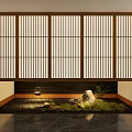 Japanese Style Courtyard Garden With Wooden Lattice Screen Black Pebbles Moss Stones And Hanging Lantern