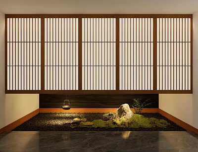 Japanese Style Courtyard Garden With Wooden Lattice Screen Black Pebbles Moss Stones And Hanging Lantern 3d model