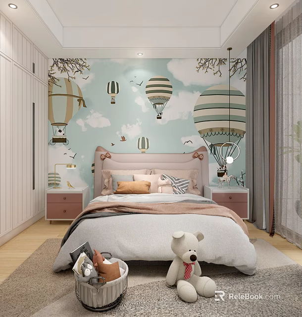 Kids Room Interior Design With Hot Air Balloon Wallpaper Bed And Teddy Bear 3d model 