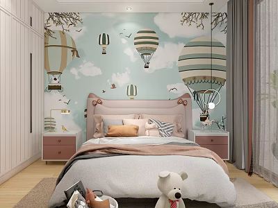 Kids Room Interior Design With Hot Air Balloon Wallpaper Bed And Teddy Bear 3d model