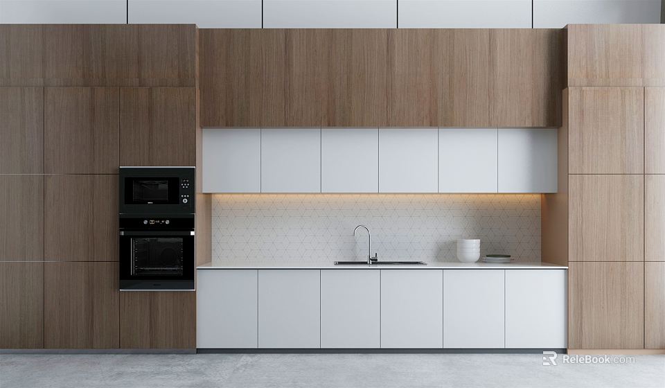 Modern Kitchen With Wooden And White Cabinets Countertop Faucet Oven And Hexagon Tile Backsplash 3d model 