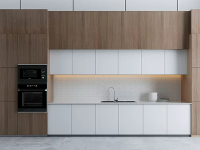 Modern Kitchen With Wooden And White Cabinets Countertop Faucet Oven And Hexagon Tile Backsplash 3d model