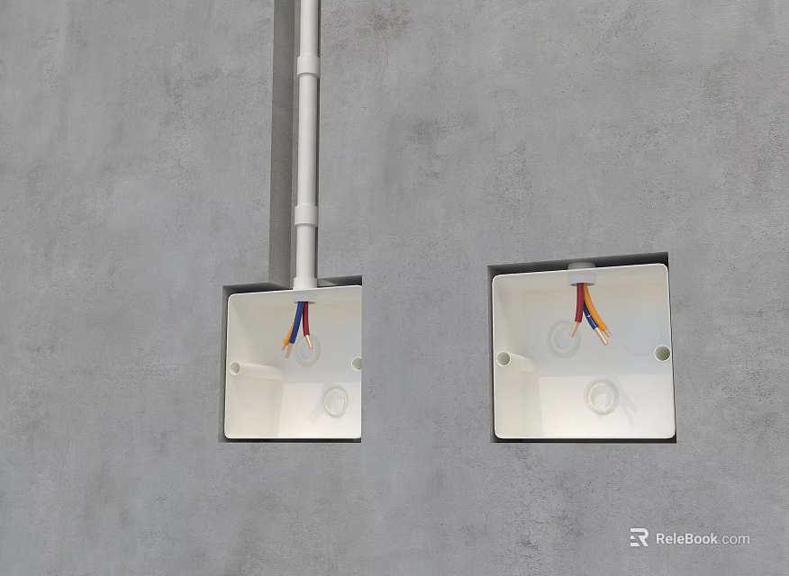 Gray Wall Mounted Electrical Switch Panel with Colorful Wires in Installation Box 3d model 