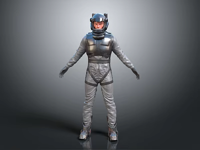 Man In Metallic Spacesuit Standing With Arms Outstretched On Gray Background 3d model