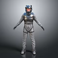 Man In Metallic Spacesuit Standing With Arms Outstretched On Gray Background